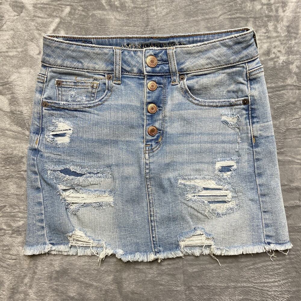 American Eagle Distressed Hi Rise Mini Skirt Women Size 2 R Blue Denim